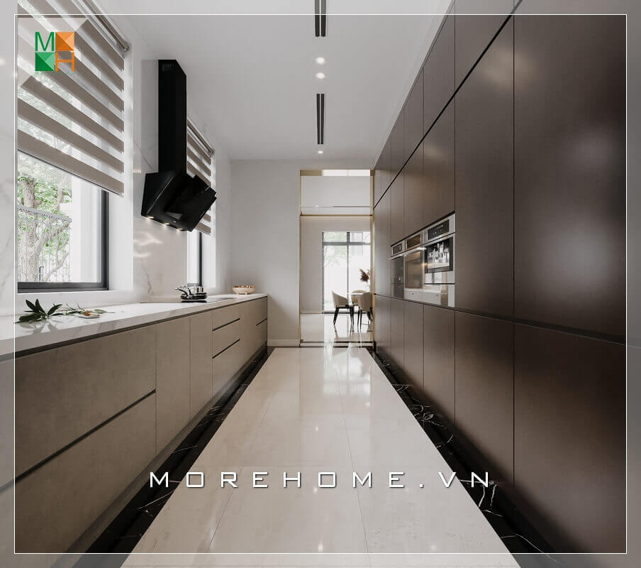 Mẫu hệ thống tủ bếp rất hiện đại, tiện nghi và sang trọng màu nâu đen. Thiết kế tủ bếp chung cư