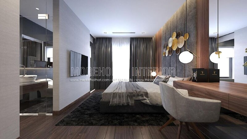 Trang trí nội thất phòng ngủ khép kín hiện đại liền phòng vệ sinh độc đáo với ý tưởng thiết kế mở khi sử dụng cửa kính trắng cường lực. Mẫu nội thất biệt thự đẹp