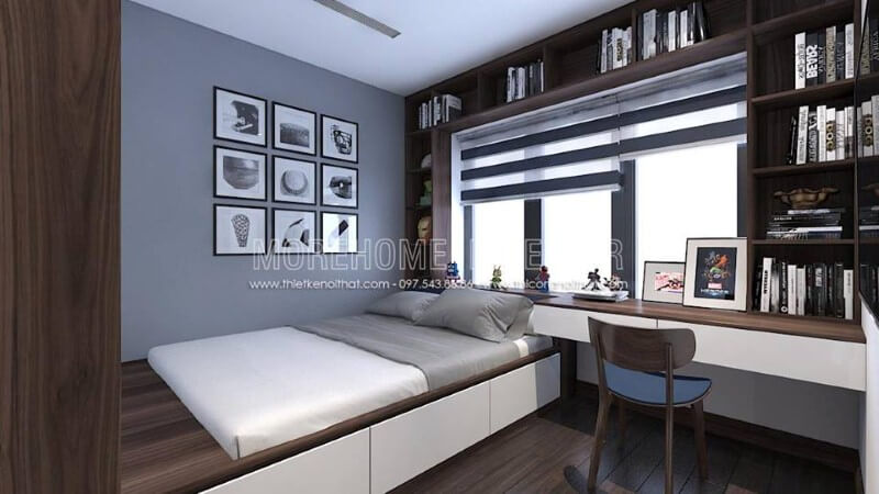 Bàn học liền kệ trang trí đẹp mắt giúp tận dụng tối đa không gian cho góc học tập của con. Mẫu nội thất biệt thự đẹp