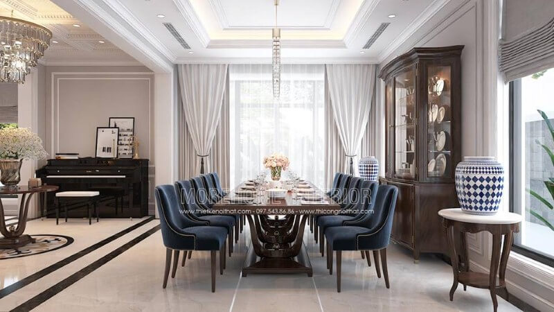 Bộ bàn ghế ăn tân cổ điển 10 ghế đẹp sang trọng cho biệt thự, nhà phố. Mẫu nội thất biệt thự đẹp