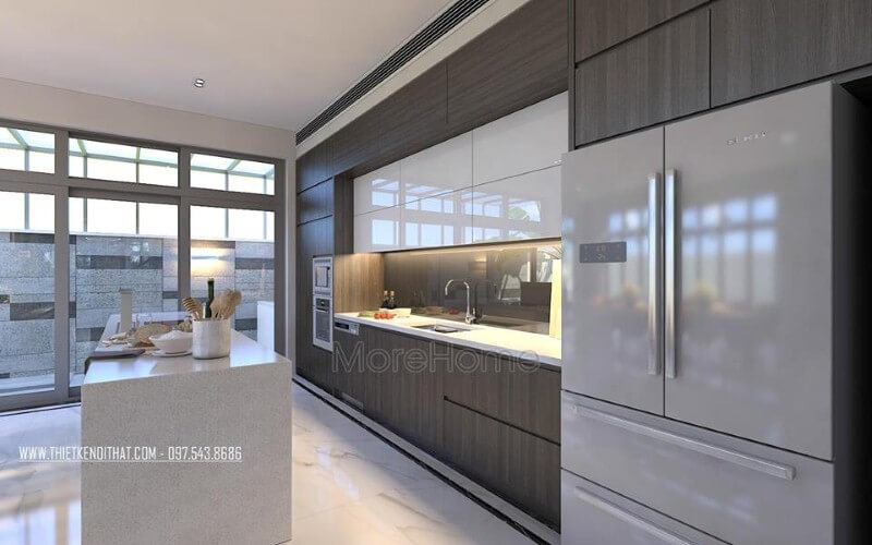 Bàn đảo đá Lg trắng cao cấp lựa chọn ấn tượng cho không gian bếp hiện đại, sang trọng. Mẫu nội thất biệt thự đẹp