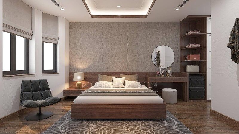 Nếu bạn là người ưa thích sự nhẹ nhàng trầm lắng thì thiết kế nội thất phòng ngủ sử dụng gam màu gỗ nâu lại là sự lựa chọn khá hoàn hảo. Cách thiết kế nội thất khá tinh tế dành cho nhà phố, biệt thự được kết hợp hài hòa giữa sự tinh gọn vuông vắn cùng đường cong nhẹ nhàng trong chiếc gương tròn trang điểm, chiếc đèn ngủ chụp cong và khối trụ ghế.